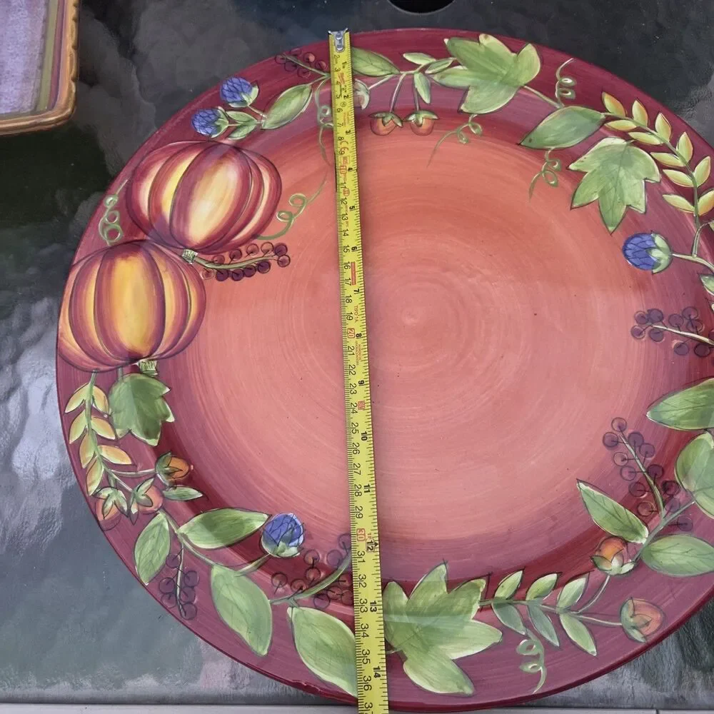 ​Gates Ware Laurie Gates Ceramic Round Platter 15 Inch Pumpkin Vine Red Orange​